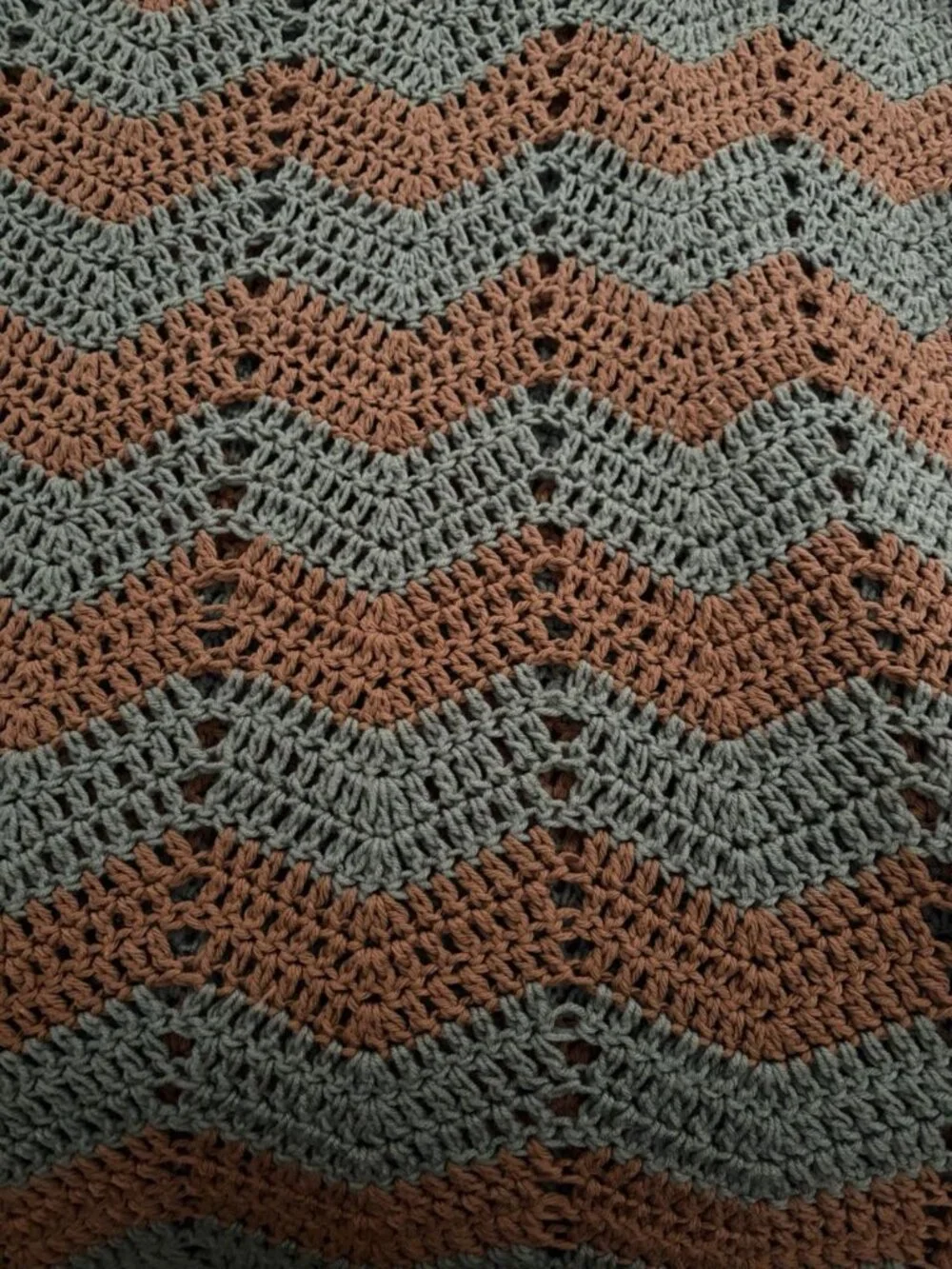 Vintage Handmade Chevron Afghan Blanket Retro Gray Blue And Brown 86” X 86”